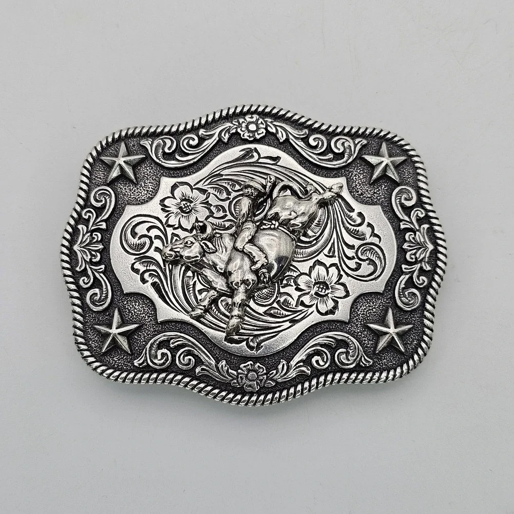 Nocona Western‎ Belt Buckle Bull Rider Rope Edge Rectangular Silver Tone Stars